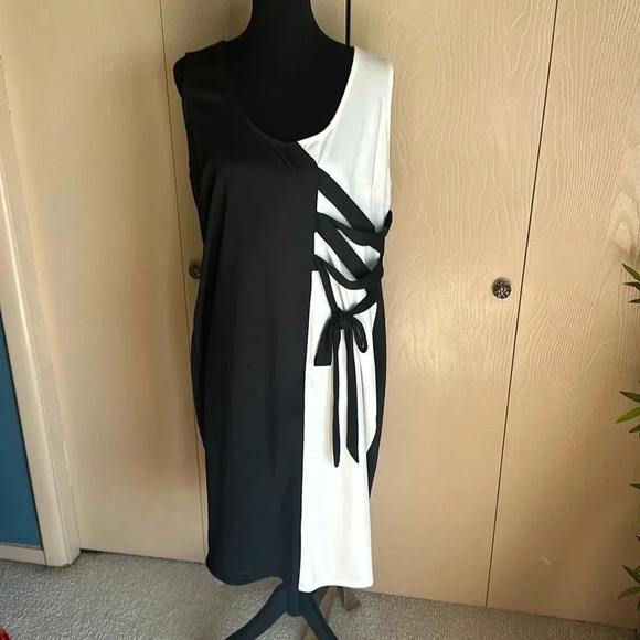 Black and white dress. Below the knee length.  Back is solid black w zipper - Picture 1 of 5